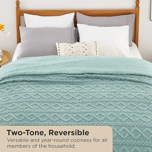 Bedsure Sherpa Queen Size Blanket for Bed - Fleece Soft Cozy Fuzzy Cable Blankets for Women, Thick Warm for Winter and All Seasons, Sage Green, 90x90 Inches