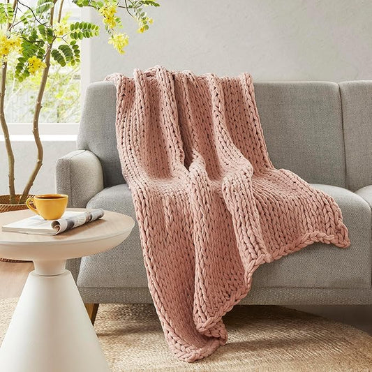 Madison Park Boho Throw Blanket, Soft Handmade Gift Home Decor, Lightweight & Breathable All Seasons Chunky Knit Throw, 50"x60" Blush