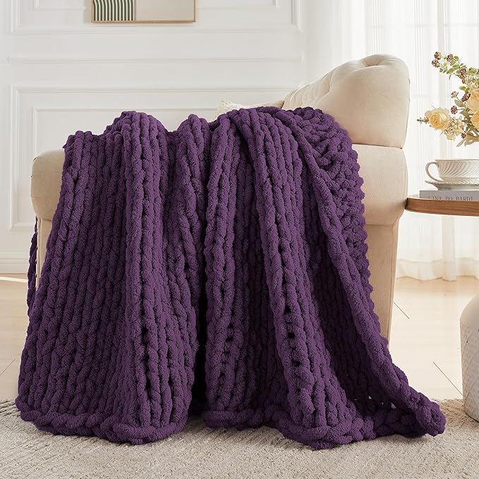 Carriediosa Chunky Knit Throw Blanket 50" X 60", 100% Hand Made Large Chenille Loop Yarn Soft Fluffy Throws for Couch Sofa Bed, Big Crochet Cozy Heavy Thick Cable Woven Blanket, Dark Purple