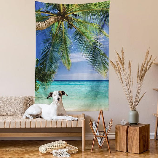 Ambesonne Ocean Tapestry, Tropical Paradise View at Maldives Palms Clear Sky Seashore Picture Print, Wall Hanging for Bedroom Living Room Dorm Decor, 40" X 60", Green Aqua Blue