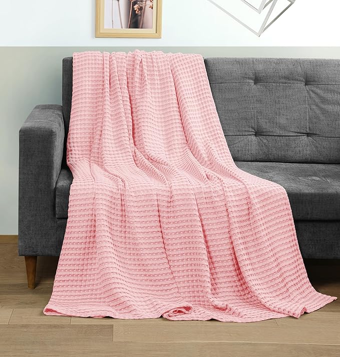 Utopia Bedding Pink 100% Cotton Waffle Blanket 300 GSM [King - 90x108 Inch] Soft Lightweight Breathable Bed Blanket for All Season