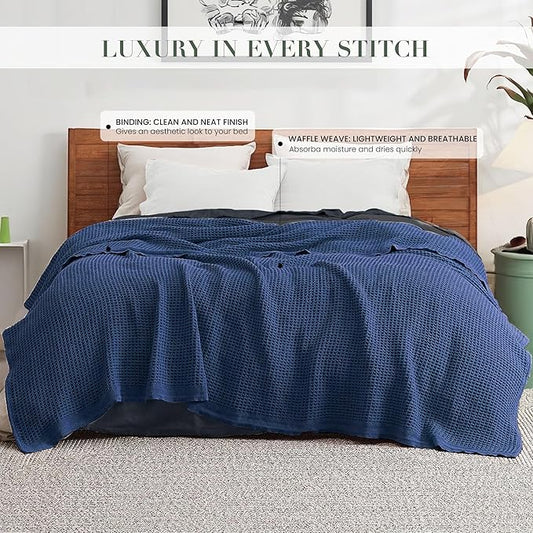 100% Cotton Salt Earth Throw Blanket, King, 106"X92" Waffle Throws For Home, Bedrooms, Outdoor Couch & Office Couch, Modern & Cozy Bed Room Decor Blankets,Lightweight All Season Western Blanket (Navy)