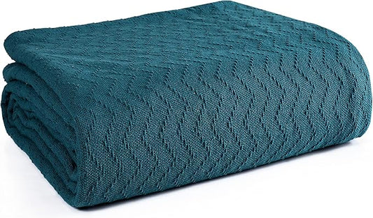 BELIZZI HOME 100% Cotton Bed Blanket, Breathable Thermal Blanket Full - Queen Size, Soft Chevron 90''x90'', Perfect for Layering Any All Season, Teal