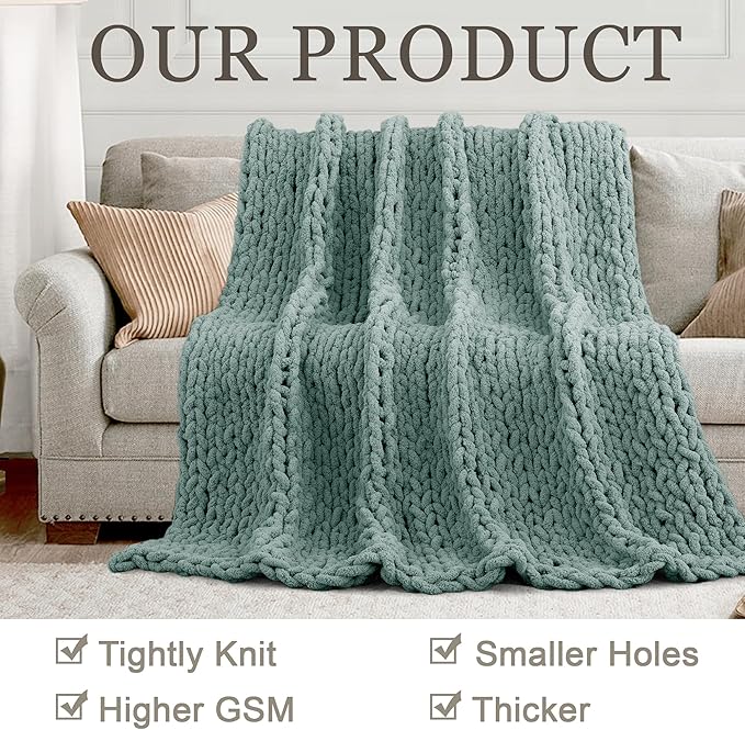 Chunky Knit Throw Blanket 60"X 80", 100% Handmade with Soft Chenille Yarn, 6.7lbs Thick Cable Knitted Blankets, Large Rope Knot Crochet Throws for Couch Sofa Bed Home Decor, Sage Green