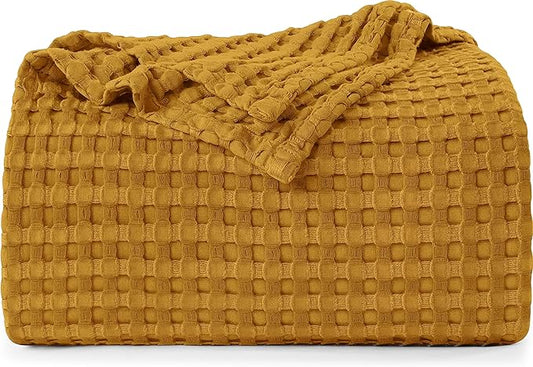 Utopia Bedding Mustard 100% Cotton Waffle Blanket 300 GSM [Queen - 90x90 Inch] Soft Lightweight Breathable Bed Blanket for All Season