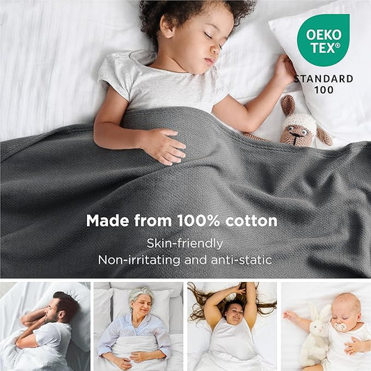 Bedsure 100% Cotton Blanket Queen Size for Bed - Breathable and Lightweight, Soft Cozy Textured Herringbone Woven Blanket for Summer, Dark Grey, 90x90 inches
