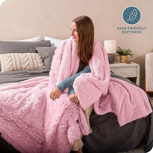 Bare Home Shaggy Faux Fur Sherpa Blanket - Super Soft, Fuzzy, Fluffy - Reversible Cozy Warm Blanket for Couch, Sofa, Chair, Bed - Luxury Home Decor (Twin/Twin XL, Light Pink)