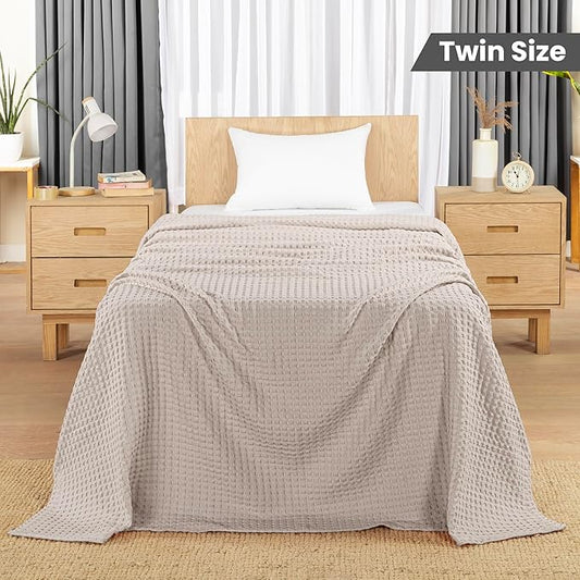 Utopia Bedding Khaki 100% Cotton Waffle Blanket 300 GSM [Twin - 90x72 Inch] Soft Lightweight Breathable Bed Blanket for All Season