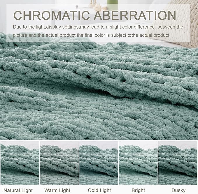 Chunky Knit Throw Blanket 60"X 80", 100% Handmade with Soft Chenille Yarn, 6.7lbs Thick Cable Knitted Blankets, Large Rope Knot Crochet Throws for Couch Sofa Bed Home Decor, Sage Green