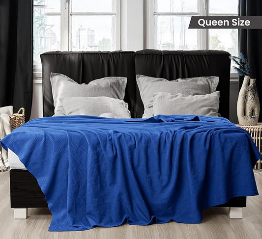 Utopia Bedding Royal Blue 100% Cotton Blanket [Queen Size - 90x90 Inch] 350GSM Lightweight, Soft and Breathable Thermal Blanket for All Seasons
