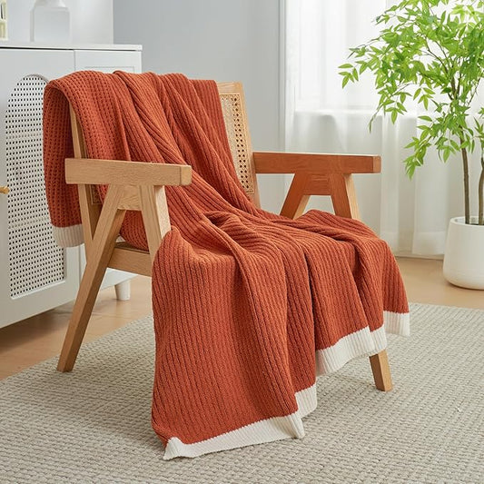 Amélie Home Chenille Waffle Throw Blanket for Couch, Reversible Soft Cozy Knit Blanket Lightweight Warm Decorative Throw for Sofa, Bed, Living Room, 50"x60", Burnt Orange