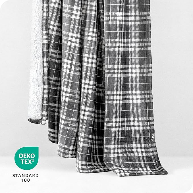 Bare Home Sherpa Fleece Blanket - Twin/Twin Extra Long - Blanket for Bed, Sofa, and Couch - Warm & Lightweight - Fluffy & Soft - Reversible (Twin/Twin XL, Stirling Plaid - Grey/White)