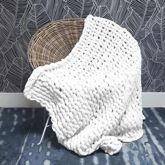 Adyrescia Chunky Knit Blanket Throw | 100% Hand Knit with Jumbo Chenille Yarn (40"x50", Bright White)