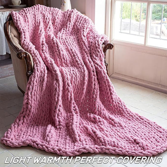 Chunky Knit Blanket - Luxury Soft Cozy Queen Size(40 * 50) Throw Blanket,100% Woven Blanket Rope Knot Throw Blanket for Couch, Sofa, Home Decor, Gift - Machine Washable（Pink）