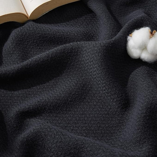 Bedsure 100% Cotton Blanket Twin XL Size for Bed - Breathable and Lightweight, Soft Cozy Textured Herringbone Woven Blanket for Summer Spring, Black, 66x90 inches