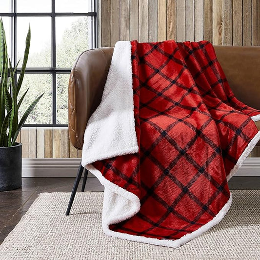 Eddie Bauer - Throw Blanket, Super Soft Reversible Sherpa Fleece Bedding, Ideal Christmas & White Elephant Gifts, Cozy Plaid Throw Blankets for Couch (Bunkhouse Plaid Red, Throw)
