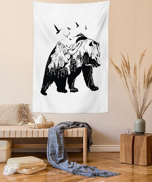 Ambesonne Bear Tapestry, Mammal Silhouette Mountain Landscape Flying Birds and Forest Wildlife Design, Fabric Wall Hanging Decor for Bedroom Living Room Dorm, 23" X 28", White Charcoal