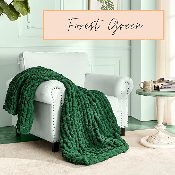 Adyrescia Chunky Knit Blanket Throw | 100% Hand Knit with Jumbo Chenille Yarn (50"x60", Forest Green)
