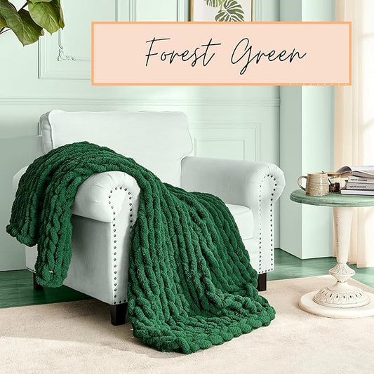 Adyrescia Chunky Knit Blanket Throw | 100% Hand Knit with Jumbo Chenille Yarn (50"x60", Forest Green)