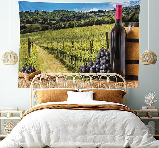 Ambesonne Winery Tapestry King Size, Red Wine Bottles with Grapes on Timber Board Tuscany Italian Terrace Scenery, Wall Hanging Bedspread Bed Cover Wall Decor, 104" X 88", Green Blue Brown
