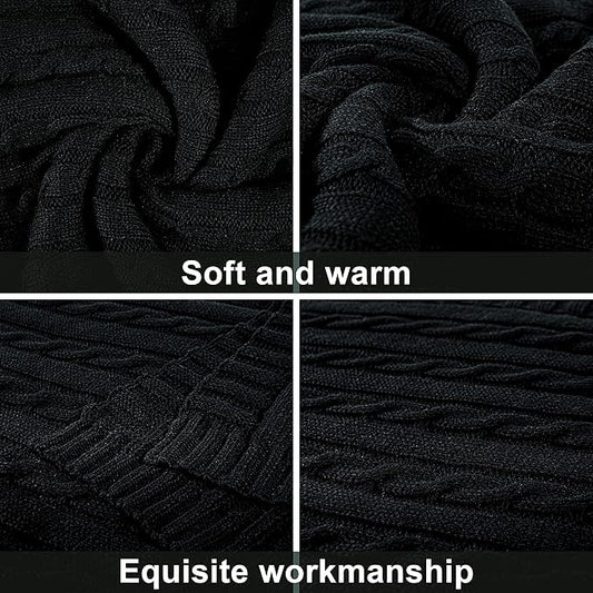 NTBAY 100% Pure Cotton Cable Knit Throw Blanket, Super Soft Warm 51x67 Knitted Throw Blanket for Couch, Sofa, Chair, Bed - Extra Cozy, Machine Washable, Comfortable Home Decor, Black