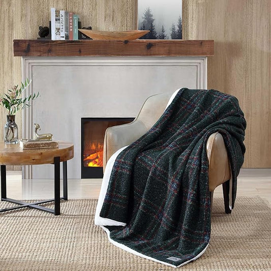 Eddie Bauer - Throw Blanket, Boucle Bedding with Faux Fur Reverse, Soft & Cozy Plaid Home Decor (Tarrytown Plaid Green, 50" x 70")