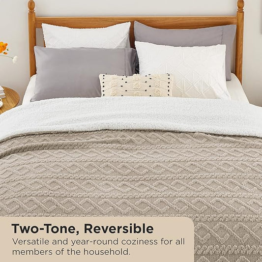 Bedsure Sherpa Queen Size Blanket for Bed - Fleece Soft Cozy Fuzzy Cable Blankets for Women, Thick Warm for Winter and All Seasons, Beige, 90x90 Inches