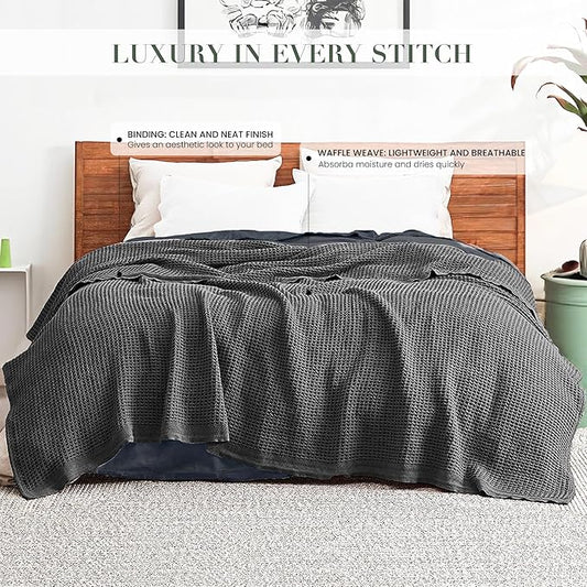 100% Cotton Salt Earth Throw Blanket, Queen, 90"X92" Waffle Throws For Home, Bedrooms, Outdoor Couch & Office Couch, Modern Room Decor Blankets, Lightweight, All Season Western Blanket (Charcoal Grey)