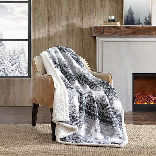 Eddie Bauer - Blanket, Super Soft Reversible Sherpa & Brushed Fleece Bedding, Throw Blankets for Couch, Ideal for Lounging (Woodland Fair Isle Grey)