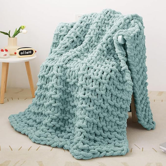 Knit Blanket 40"x50" Aqua Blue Cream Soft Washable Chenille Throw Blanket Cozy 100% Handmade Crochet Blankets with Jumbo Chenille Yarn for Couch Bed Sofa Room Decor