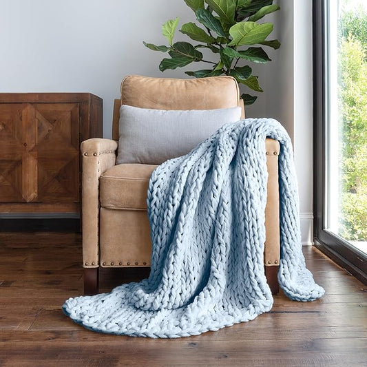 Linen Market Beddings Oversized Chunky Knit Throw Blanket-100% Ultra-Soft Acrylic Hypoallergenic - 47'' x 59'' Cozy Home Accent for Snuggling, Lounging, and Stylish Décor (Light Blue)