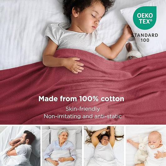 Bedsure 100% Cotton Blanket Queen Size for Bed - Breathable and Lightweight, Soft Cozy Textured Herringbone Woven Blanket for Summer Spring, Dark Red, 90x90 inches