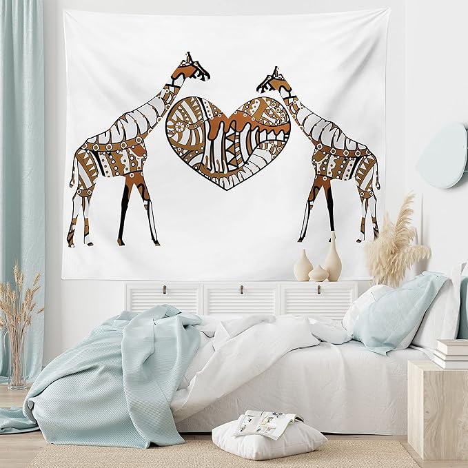 Ambesonne African Tapestry King Size, Soul Mate Giraffes Illustration with a Giant Heart Love in Nature Bohemian Print, Wall Hanging Bedspread Bed Cover Wall Decor, 104" X 88", Brown White