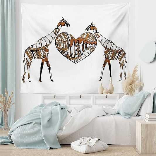 Ambesonne African Tapestry, Soul Mate Giraffes Illustration with a Giant Heart Love in Nature Bohemian Print, Fabric Wall Hanging Decor for Bedroom Living Room Dorm, 23" X 28", Brown White