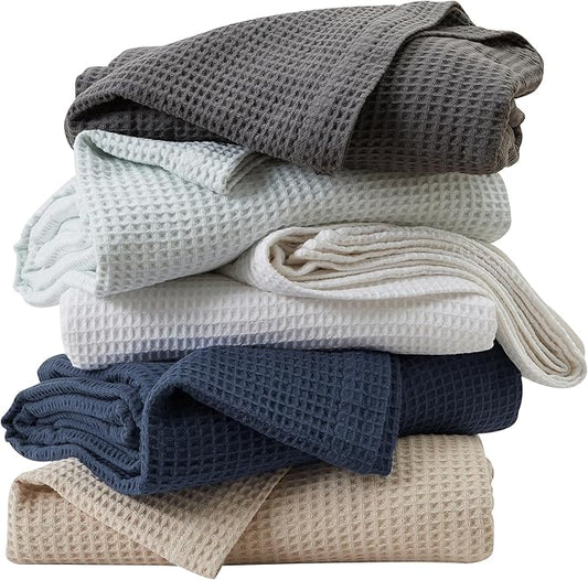 100% Cotton King Size Bed Blanket - Light Blue Waffle Weave Summer Blanket - 102x90in Prewashed, Breathable, Woven, Layering