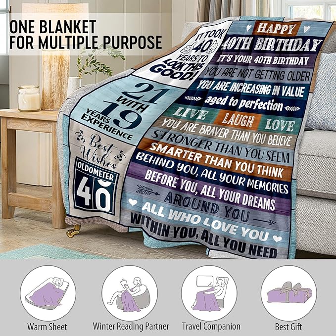 40th Birthday Gifts for Men Women, 40th Birthday Gift Ideas, Milestone 40th Birthday Decorations, Funny 40 Years Old Gift for Husband Wife Him Her Friends, 40th Birthday Gifts Throw Blanket 50" x 60"