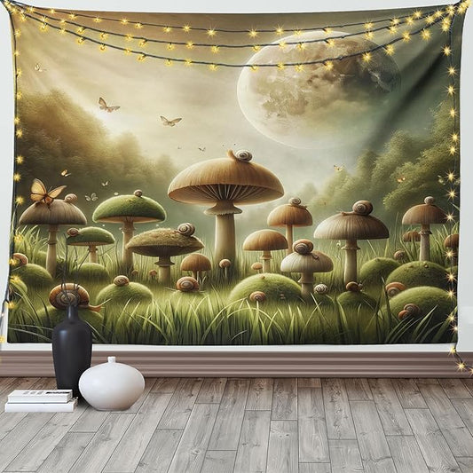 Ambesonne Mushroom Tapestry, Dreamy Space Aura Fantasy Meadow Illustration Featuring Moon and Woods, Wide Wall Hanging for Bedroom Living Room Dorm, 80" X 60", Reseda Green and Khaki