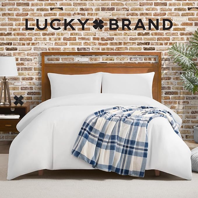 Lucky Brand Sherpa Plaid Ivory/Blue 50"X70" Cozy Plush Blanket - Premium Microfiber Throw for Luxurious Comfort and Style
