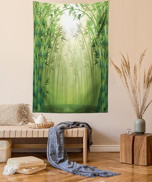 Ambesonne Forest Tapestry Twin Size, Image of Exotic Trees in Rain Forest Far Eastern Wildlife Tropical Nature Inspired, Wall Hanging Bedspread Bed Cover Wall Decor, 68" X 88", Green and White