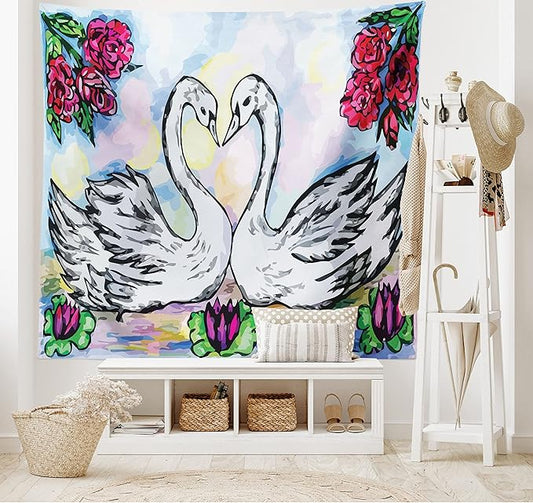 Ambesonne Swan Tapestry, Grunge Style Sketch Image of Lover White Swan Partners in Pond Lily Flowers Red Roses, Wide Wall Hanging for Bedroom Living Room Dorm, 60" X 40", Soft Blue Red