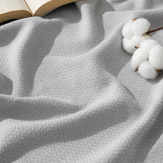 Bedsure 100% Cotton Large Throw Blanket for Couch 50x70 inches - Breathable and Lightweight, Soft Cozy Herringbone Woven Cotton Throw for Summer, Grey Office Chair Blanket