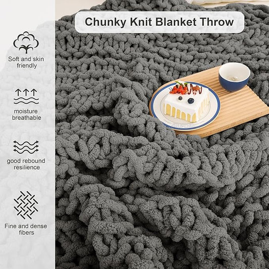 Knit Blanket 50"x60" Dark Grey Cream Soft Washable Chenille Throw Blanket Cozy 100% Handmade Crochet Blankets with Jumbo Chenille Yarn for Couch Bed Sofa Room Decor