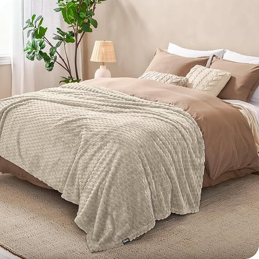 Bare Home Textured Fleece Microplush Blanket - Extra Long - Lightweight Throw for Bed, Sofa, Couch, Movie Night, Camping, and Travel - Ultra Soft Warm Blanket (Twin/Twin XL, Waffle Oyster)