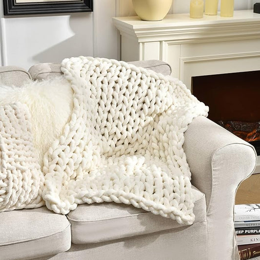 Soft Chunky Knit Blanket, 30X40 in Handmade Thick Chenille Yarn Throw Without Shedding & Raveling, Aesthetic & Cozy Home Decor with Couch Sofa Bed, Gift Pack, Ivory White
