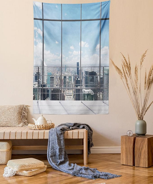 Ambesonne Urban Tapestry, Modern Office Work Place View to City Architecture Contemporary Plan, Fabric Wall Hanging Decor for Bedroom Living Room Dorm, 30" X 45", White