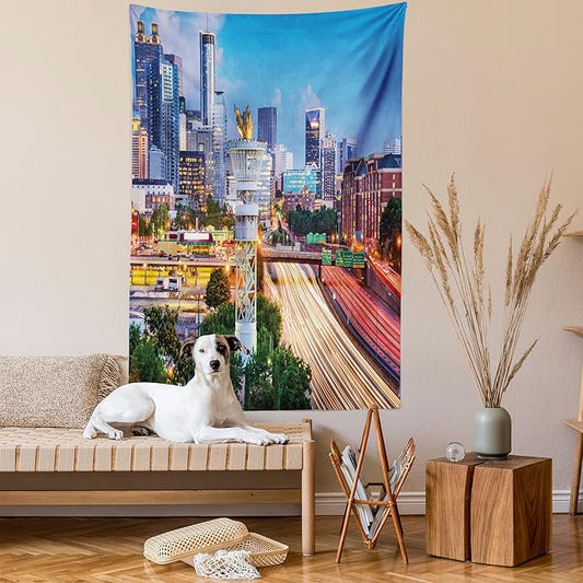 Ambesonne United States Tapestry, Atlanta Georgia Urban Busy Town with Skyscrapers City Landscape, Fabric Wall Hanging Decor for Bedroom Living Room Dorm, 23" X 28", Pale Blue Yellow Coral