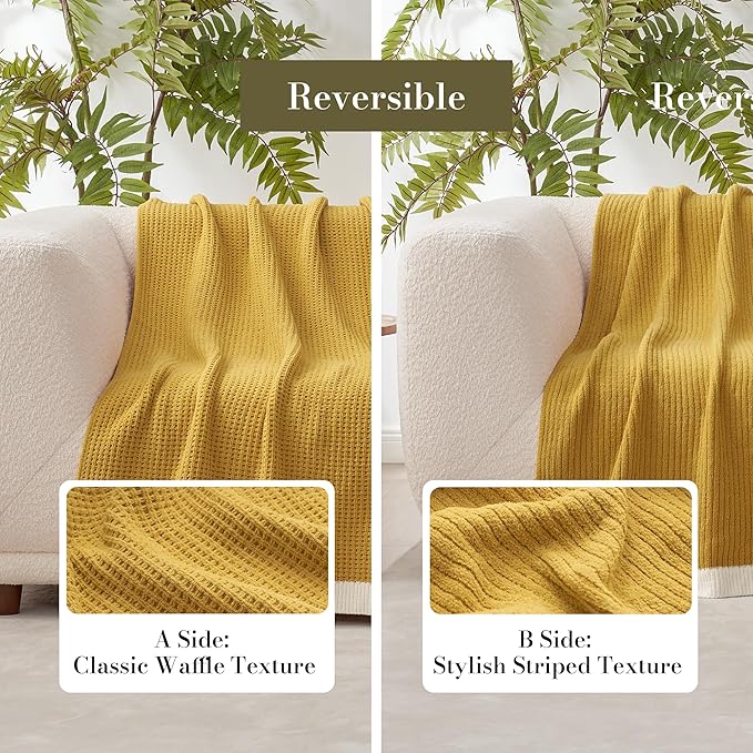 Amélie Home Chenille Waffle Throw Blanket for Couch, Reversible Soft Cozy Knit Blanket Lightweight Warm Decorative Throw for Sofa, Bed, Living Room, 50"x60", Ginger