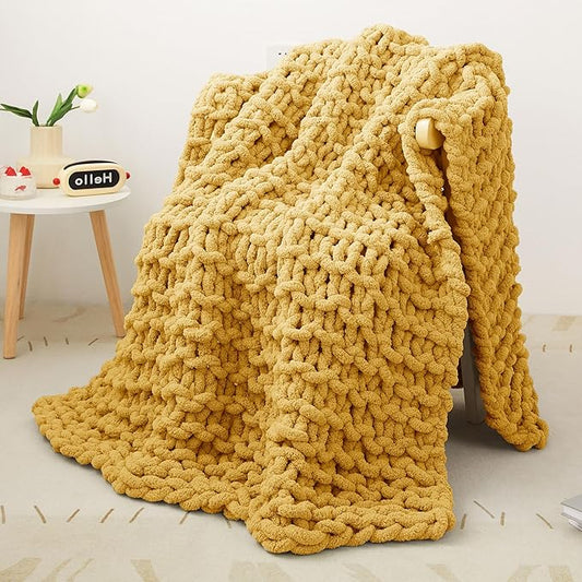 Knit Blanket 50"x60" Yellow Cream Soft Washable Chenille Throw Blanket Cozy 100% Handmade Crochet Blankets with Jumbo Chenille Yarn for Couch Bed Sofa Room Decor