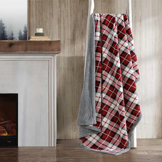 Eddie Bauer - Throw Blanket, Reversible Sherpa Plush Bedding, Plaid Home Decor, Oeko-Tex Certified (Parkwood Plaid Red, Throw)