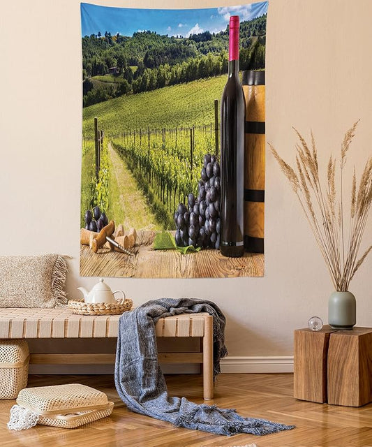 Ambesonne Winery Tapestry Twin Size, Red Wine Bottles with Grapes on Timber Board Tuscany Italian Terrace Scenery, Wall Hanging Bedspread Bed Cover Wall Decor, 68" X 88", Green Blue Brown